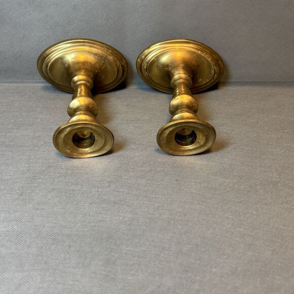 Antique Pair of Brass Candlestick Holders Primitive Metal Work Mantel Decor - Picture 4 of 8